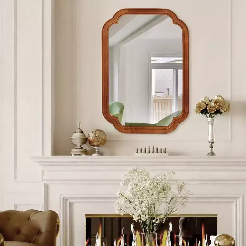 Miroir décoratif 20 x 30 cm à cadre en bois massif marron jaunâtre et coins arrondis, pour chambre, salle de bain, salon, entrée
