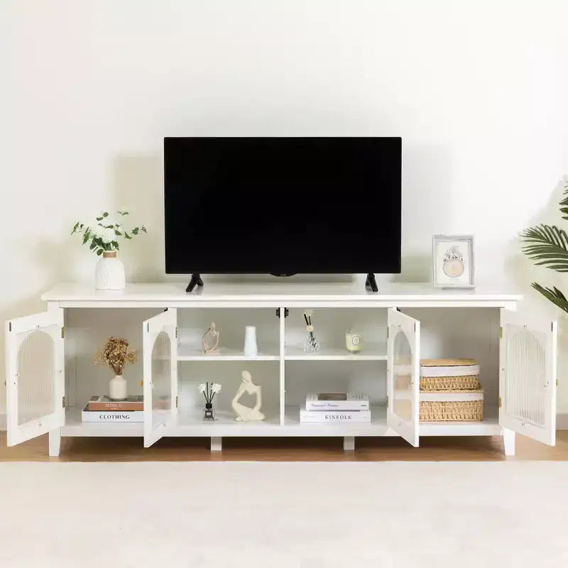 Meuble TV Moderne pour Téléviseur de 70 Pouces, Console Média avec Cadre en Bois Dur, Centre de Divertissement avec Porte en Verre et Poignée Métallique pour Salon