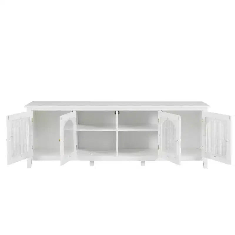 Meuble TV Moderne pour Téléviseur de 70 Pouces, Console Média avec Cadre en Bois Dur, Centre de Divertissement avec Porte en Verre et Poignée Métallique pour Salon