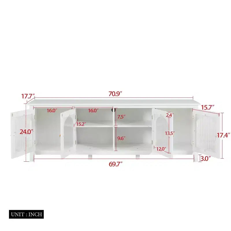 Meuble TV Moderne pour Téléviseur de 70 Pouces, Console Média avec Cadre en Bois Dur, Centre de Divertissement avec Porte en Verre et Poignée Métallique pour Salon