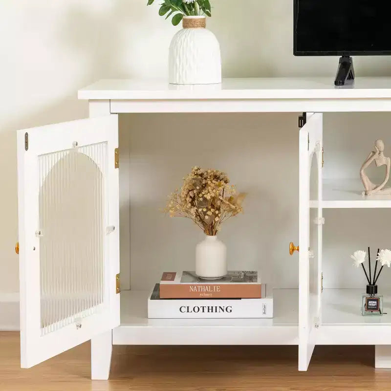 Meuble TV Moderne pour Téléviseur de 70 Pouces, Console Média avec Cadre en Bois Dur, Centre de Divertissement avec Porte en Verre et Poignée Métallique pour Salon