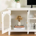 Meuble TV Moderne pour Téléviseur de 70 Pouces, Console Média avec Cadre en Bois Dur, Centre de Divertissement avec Porte en Verre et Poignée Métallique pour Salon