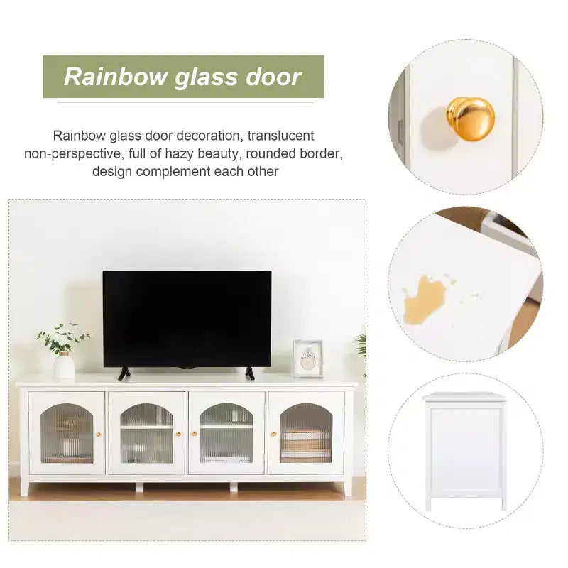 Meuble TV Moderne pour Téléviseur de 70 Pouces, Console Média avec Cadre en Bois Dur, Centre de Divertissement avec Porte en Verre et Poignée Métallique pour Salon