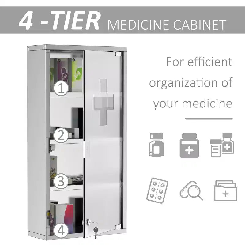 Meuble haut 4 niveaux avec porte vitrée verrouillable et cadre en acier inoxydable, inclut 2 clés, idéal pour la maison, l'appartement, la salle de bain