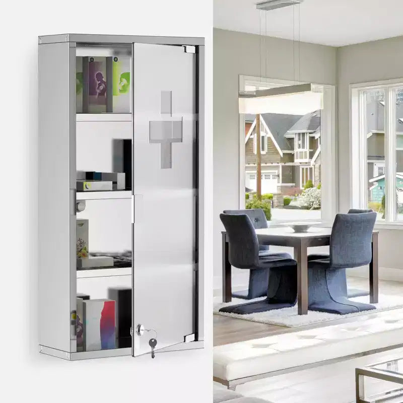 Meuble haut 4 niveaux avec porte vitrée verrouillable et cadre en acier inoxydable, inclut 2 clés, idéal pour la maison, l'appartement, la salle de bain