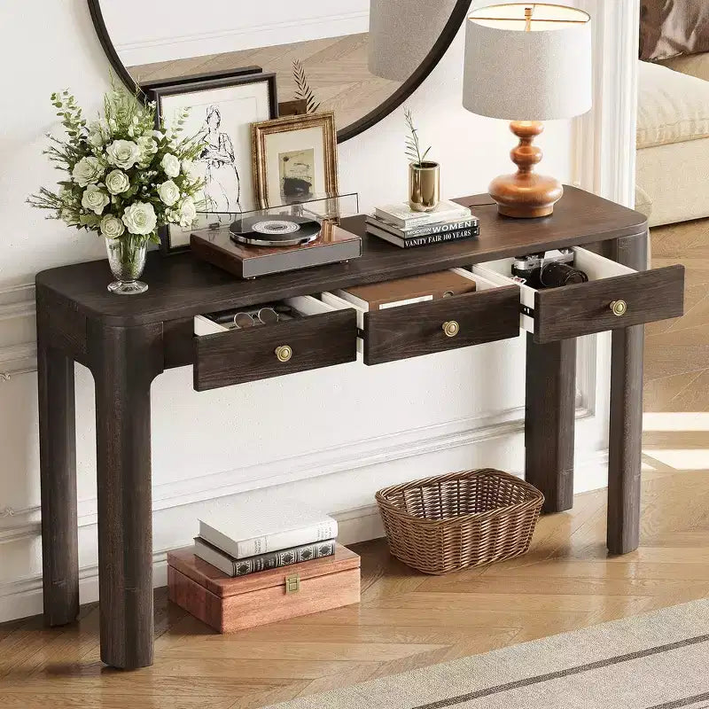 Console et table d'entrée rustiques Whisen, table basse robuste avec 3 tiroirs dissimulés, pieds épais