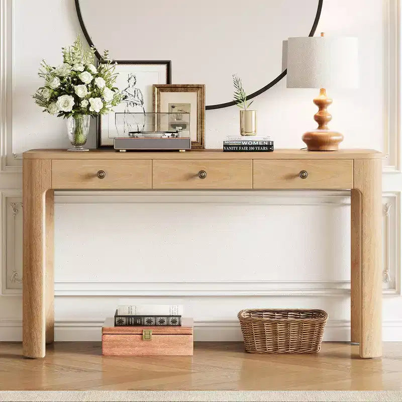 Console et table d'entrée rustiques Whisen, table basse robuste avec 3 tiroirs dissimulés, pieds épais