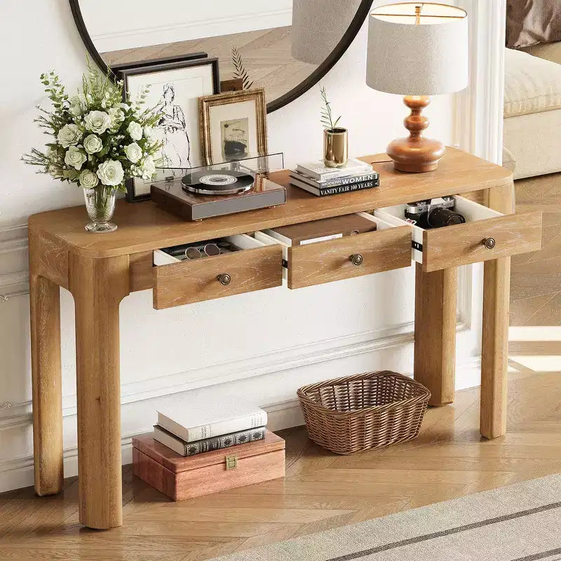 Console et table d'entrée rustiques Whisen, table basse robuste avec 3 tiroirs dissimulés, pieds épais