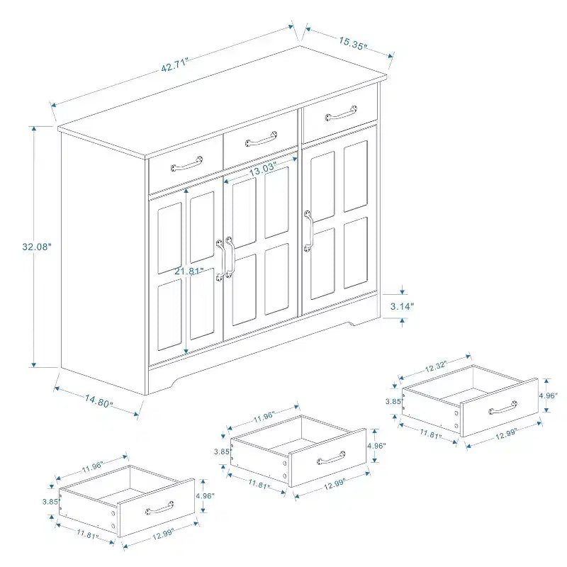 Buffet Bahut de Rangement avec 3 Tiroirs et 3 Portes, Étagères, Console, Meuble de Rangement de Ferme, Bar, Meuble à Vins