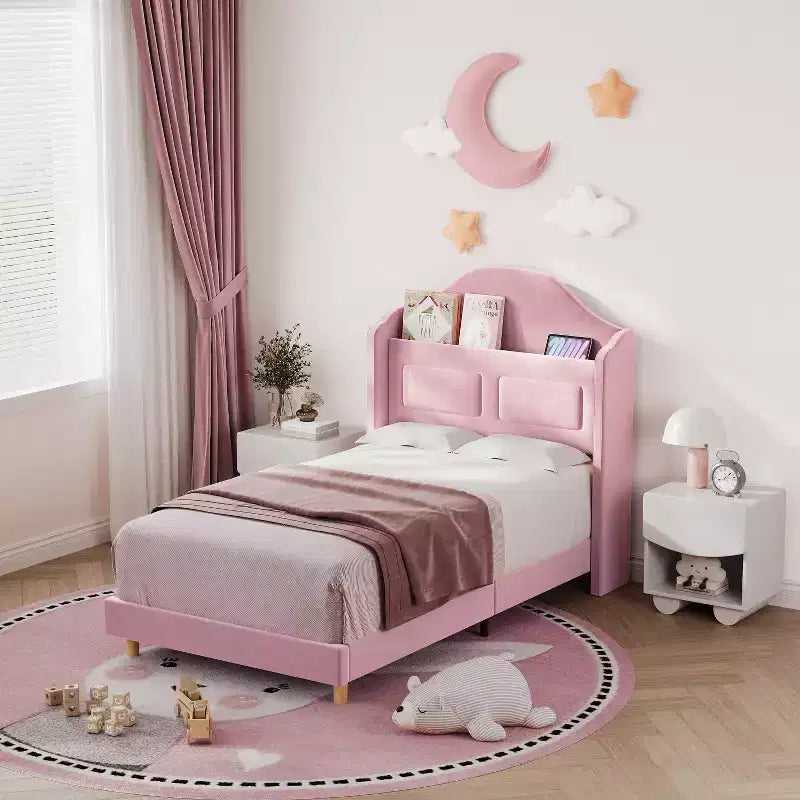 Cadre de lit double COZONY pour enfants, lit plateforme capitonné en velours de princesse avec dossier ailé, tête de lit bibliothèque de rangement et lumière LED, sommier tapissier non requis