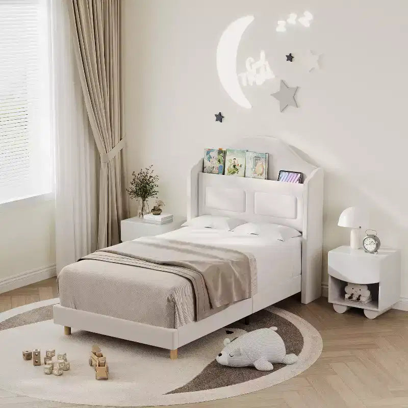 Cadre de lit double COZONY pour enfants, lit plateforme capitonné en velours de princesse avec dossier ailé, tête de lit bibliothèque de rangement et lumière LED, sommier tapissier non requis