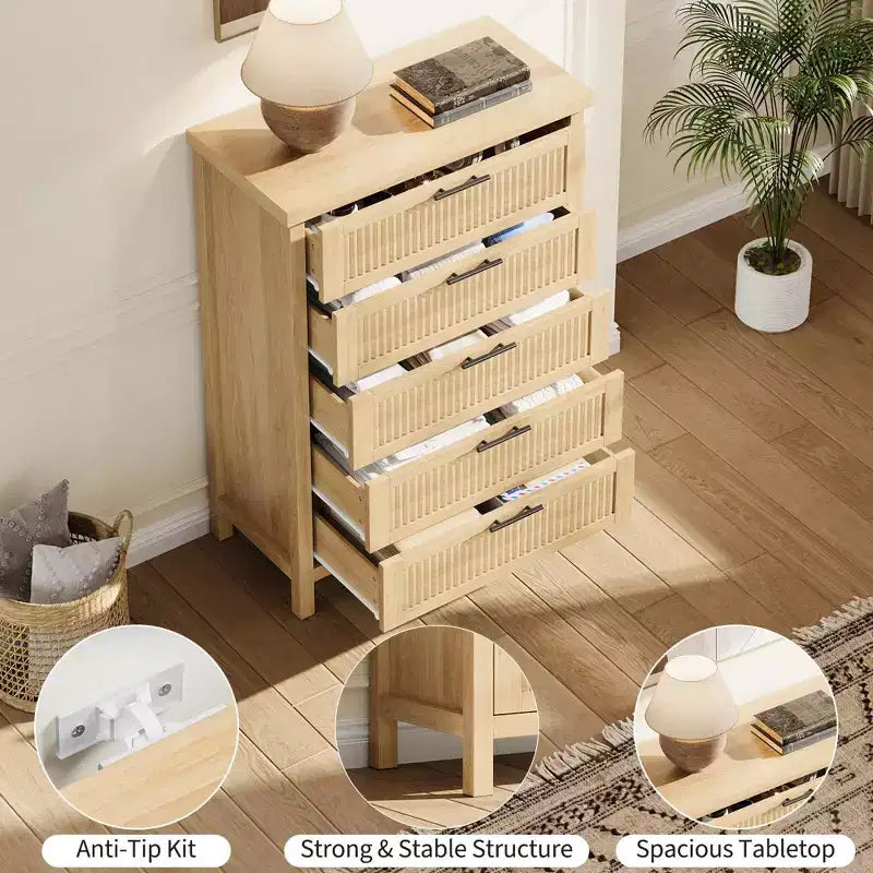 Commode à cinq tiroirs rainurés grande capacité, Armoire de rangement spacieuse pour vêtements, Idéale pour chambres et couloirs, Meuble TV