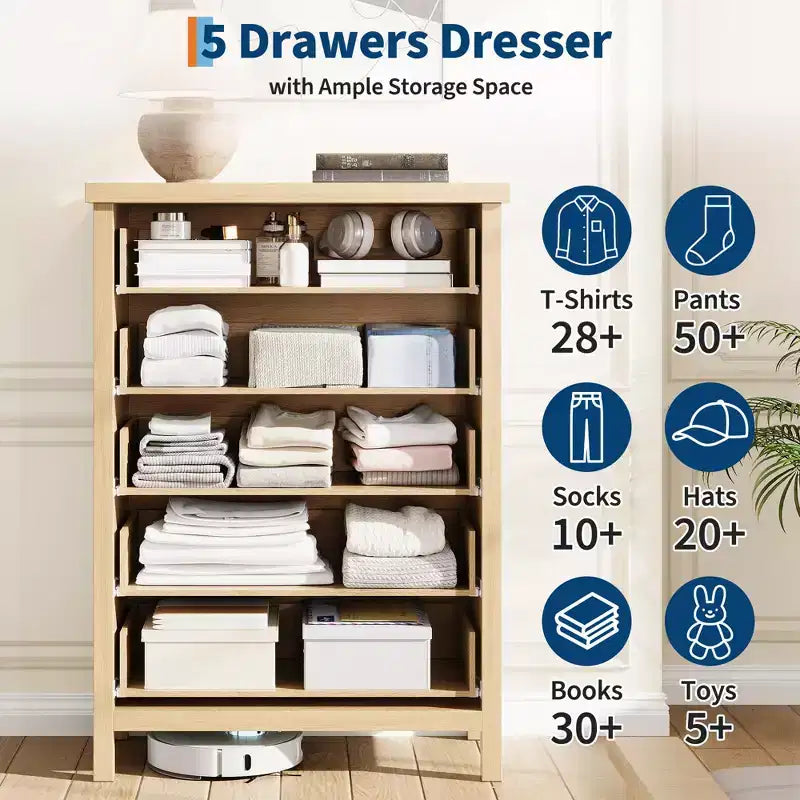 Commode à cinq tiroirs rainurés grande capacité, Armoire de rangement spacieuse pour vêtements, Idéale pour chambres et couloirs, Meuble TV