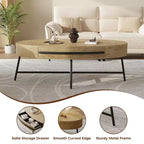 Table basse ovale de style Mid-Century Modern - 120 cm, table de rangement en bois avec tiroir, design incurvé unique et pieds en métal croisés pour salon