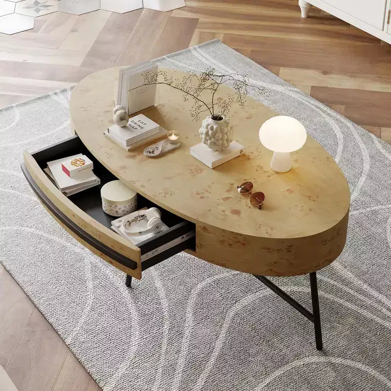 Table basse ovale de style Mid-Century Modern - 120 cm, table de rangement en bois avec tiroir, design incurvé unique et pieds en métal croisés pour salon
