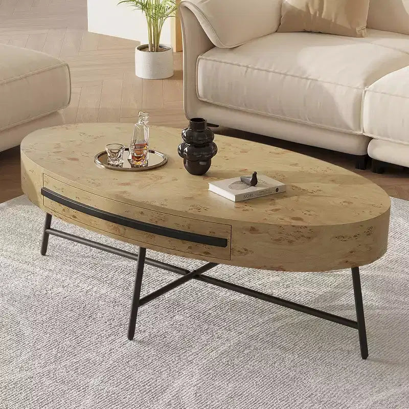 Table basse ovale de style Mid-Century Modern - 120 cm, table de rangement en bois avec tiroir, design incurvé unique et pieds en métal croisés pour salon