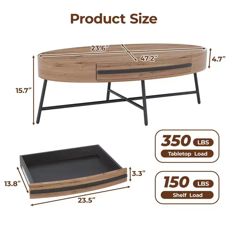 Table basse ovale de style Mid-Century Modern - 120 cm, table de rangement en bois avec tiroir, design incurvé unique et pieds en métal croisés pour salon