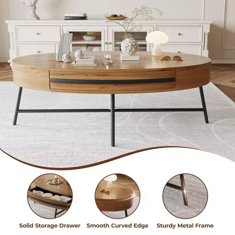 Table basse ovale de style Mid-Century Modern - 120 cm, table de rangement en bois avec tiroir, design incurvé unique et pieds en métal croisés pour salon
