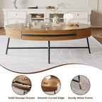 Table basse ovale de style Mid-Century Modern - 120 cm, table de rangement en bois avec tiroir, design incurvé unique et pieds en métal croisés pour salon