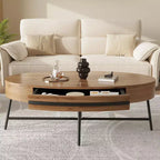 Table basse ovale de style Mid-Century Modern - 120 cm, table de rangement en bois avec tiroir, design incurvé unique et pieds en métal croisés pour salon