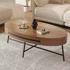 Coffee Table Mid-Century Modern Oval - 47.2 Wooden Storage Table with Drawer, Unique Curved Design & Cross Metal Legs for Living Room
