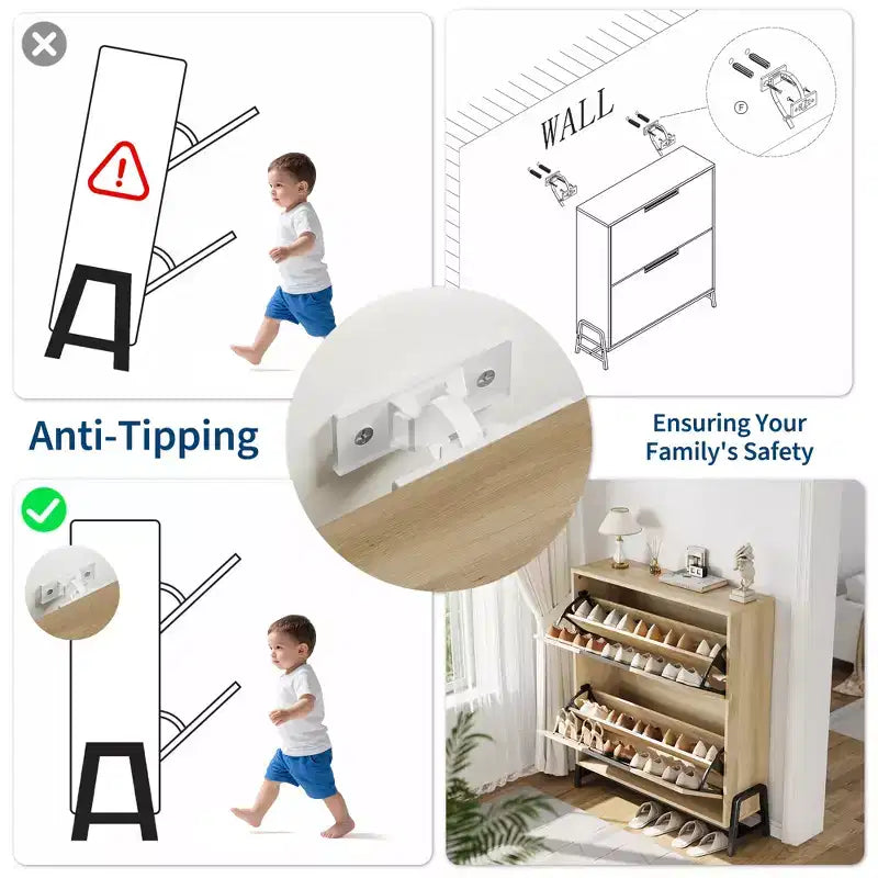 2 tiroirs rabattables – avec pieds en métal, étagère réglable, armoire à chaussures pour couloir, salon,