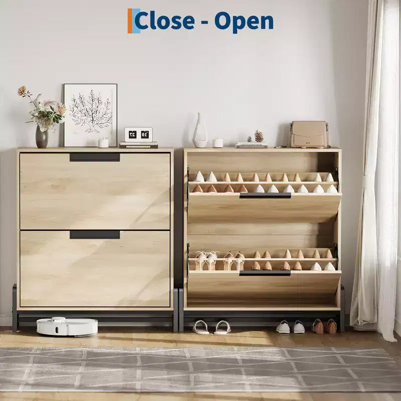 2 tiroirs rabattables – avec pieds en métal, étagère réglable, armoire à chaussures pour couloir, salon,