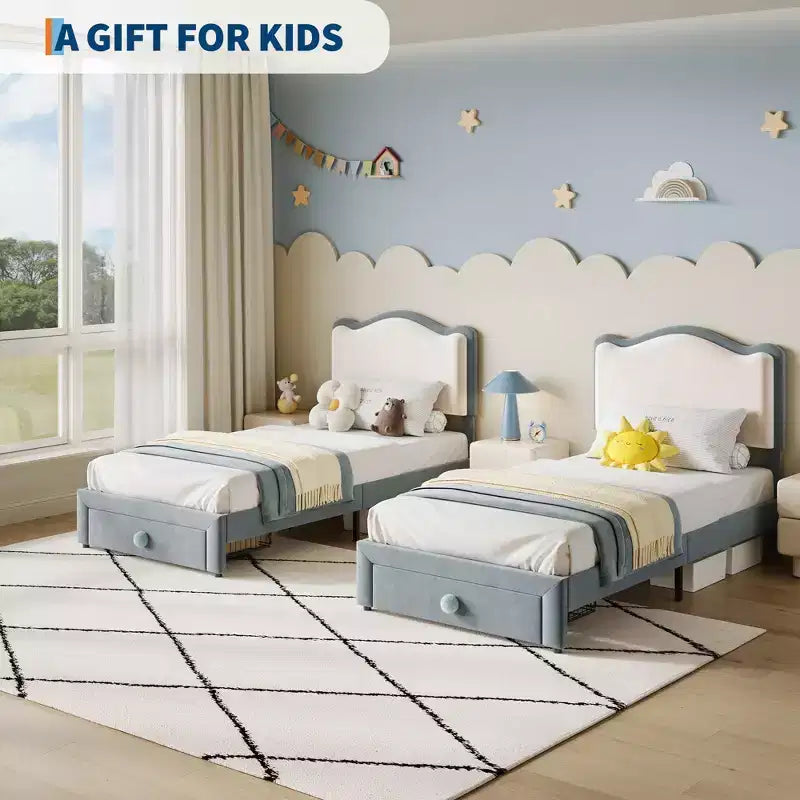 Cadre de lit plateforme simple pour princesse avec tiroir de rangement, sans sommier, tête de lit rembourrée pour enfants filles