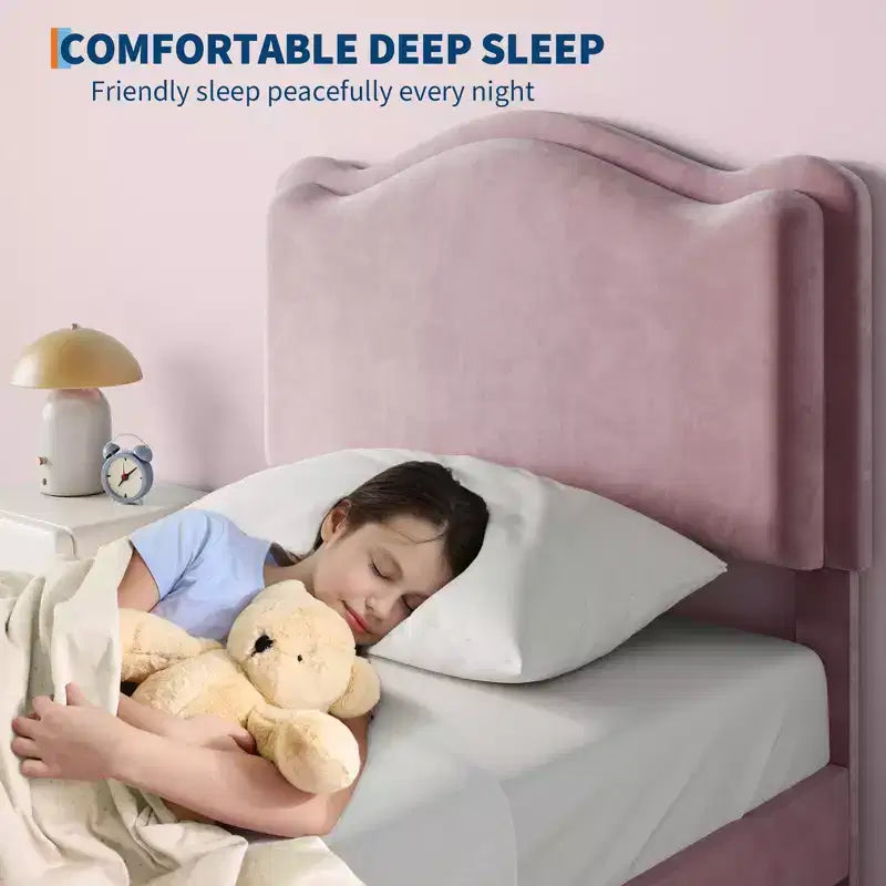 Cadre de lit plateforme simple pour princesse avec tiroir de rangement, sans sommier, tête de lit rembourrée pour enfants filles