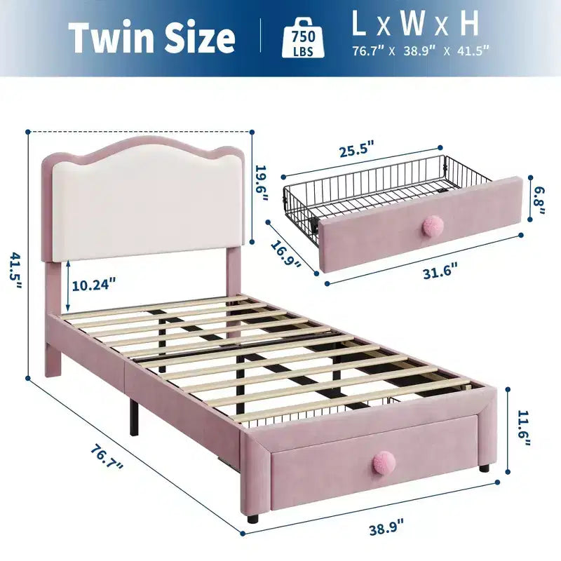 Cadre de lit plateforme simple pour princesse avec tiroir de rangement, sans sommier, tête de lit rembourrée pour enfants filles