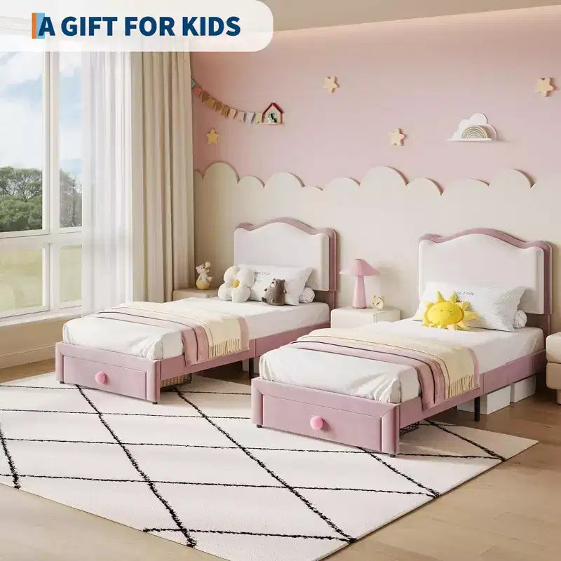 Cadre de lit plateforme simple pour princesse avec tiroir de rangement, sans sommier, tête de lit rembourrée pour enfants filles