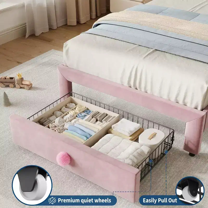 Cadre de lit plateforme simple pour princesse avec tiroir de rangement, sans sommier, tête de lit rembourrée pour enfants filles