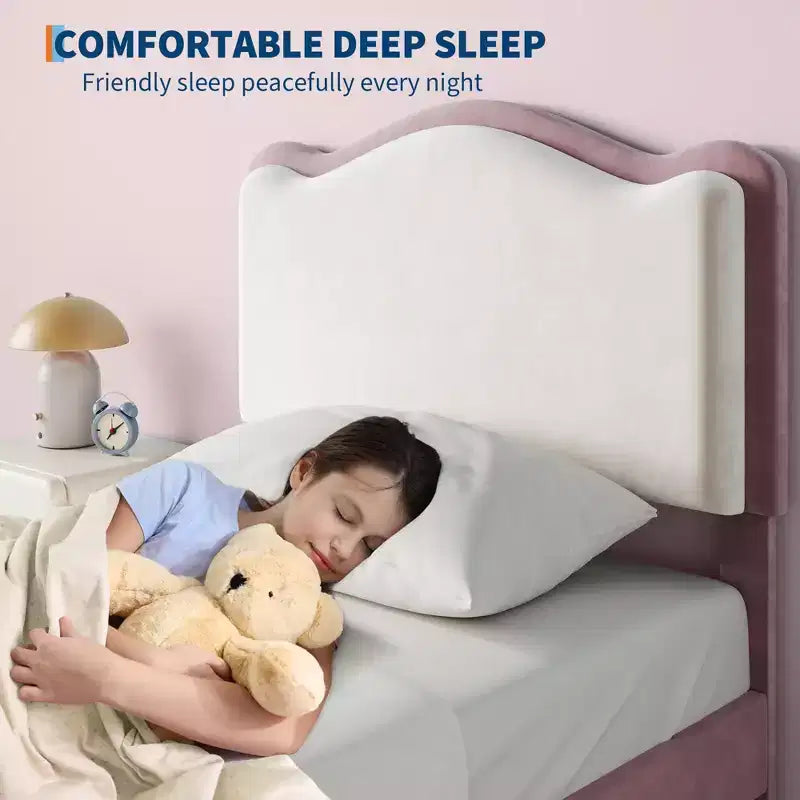 Cadre de lit plateforme simple pour princesse avec tiroir de rangement, sans sommier, tête de lit rembourrée pour enfants filles