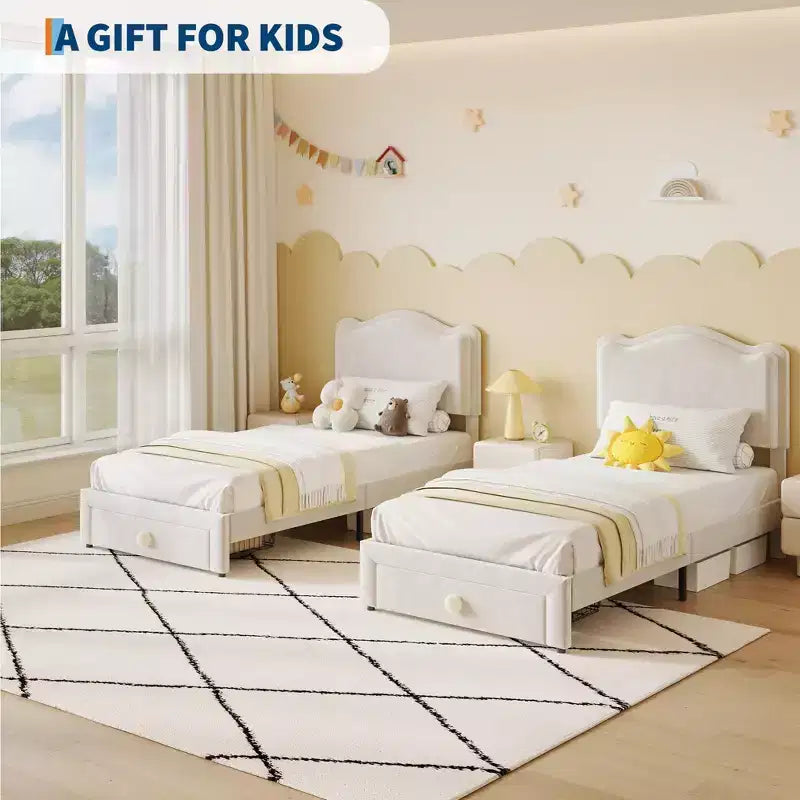 Cadre de lit plateforme simple pour princesse avec tiroir de rangement, sans sommier, tête de lit rembourrée pour enfants filles