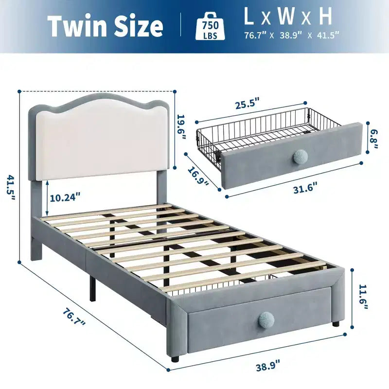 Cadre de lit plateforme simple pour princesse avec tiroir de rangement, sans sommier, tête de lit rembourrée pour enfants filles