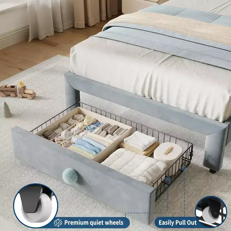 Cadre de lit plateforme simple pour princesse avec tiroir de rangement, sans sommier, tête de lit rembourrée pour enfants filles