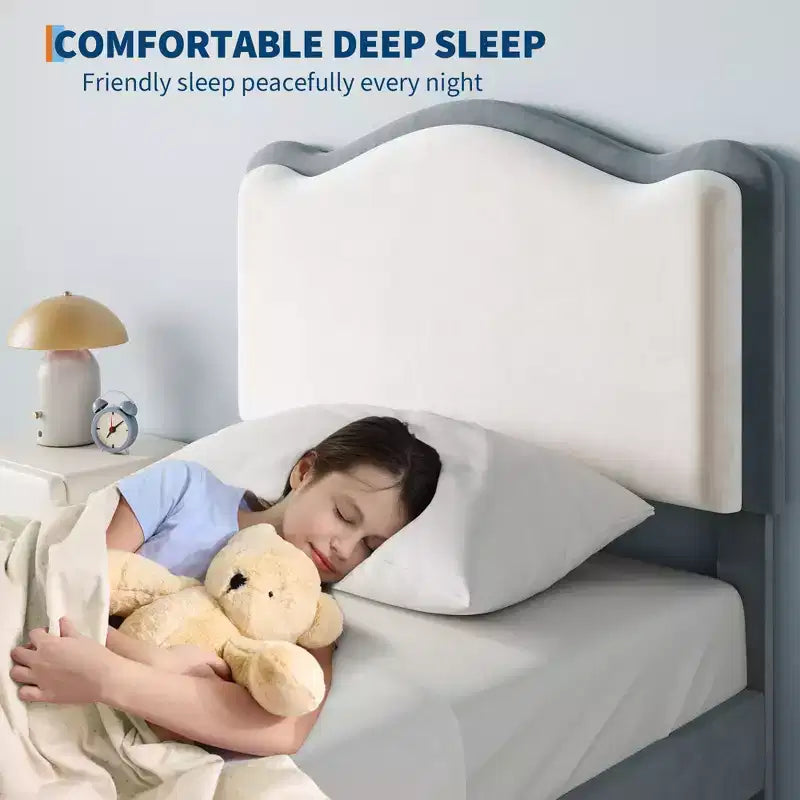 Cadre de lit plateforme simple pour princesse avec tiroir de rangement, sans sommier, tête de lit rembourrée pour enfants filles