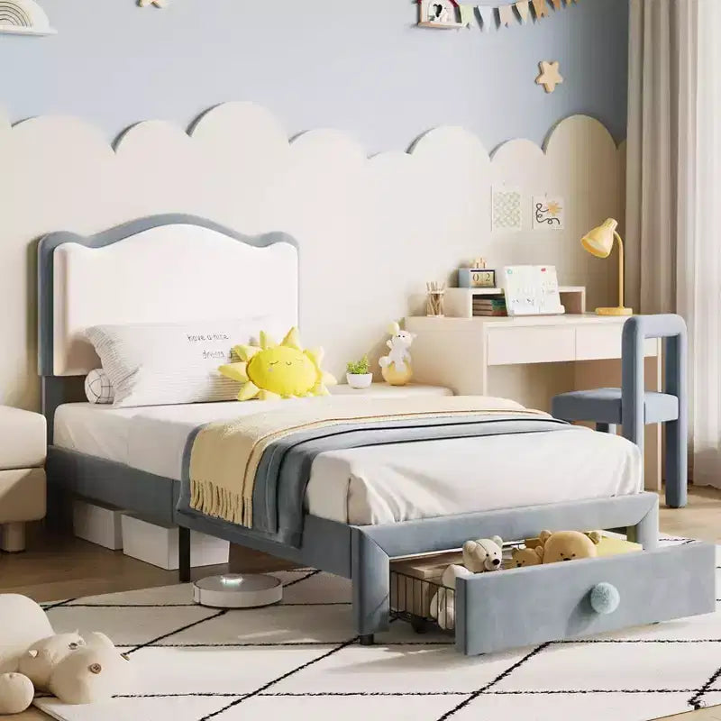 Cadre de lit plateforme simple pour princesse avec tiroir de rangement, sans sommier, tête de lit rembourrée pour enfants filles