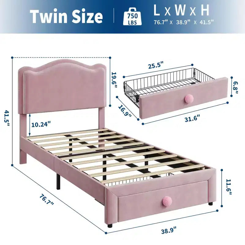 Cadre de lit plateforme simple pour princesse avec tiroir de rangement, sans sommier, tête de lit rembourrée pour enfants filles