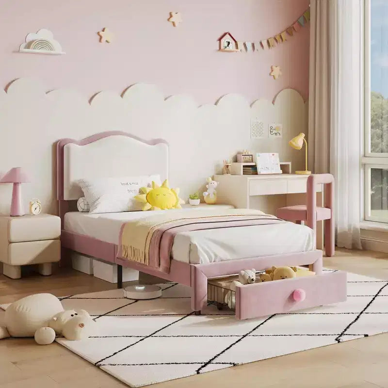 Cadre de lit plateforme simple pour princesse avec tiroir de rangement, sans sommier, tête de lit rembourrée pour enfants filles