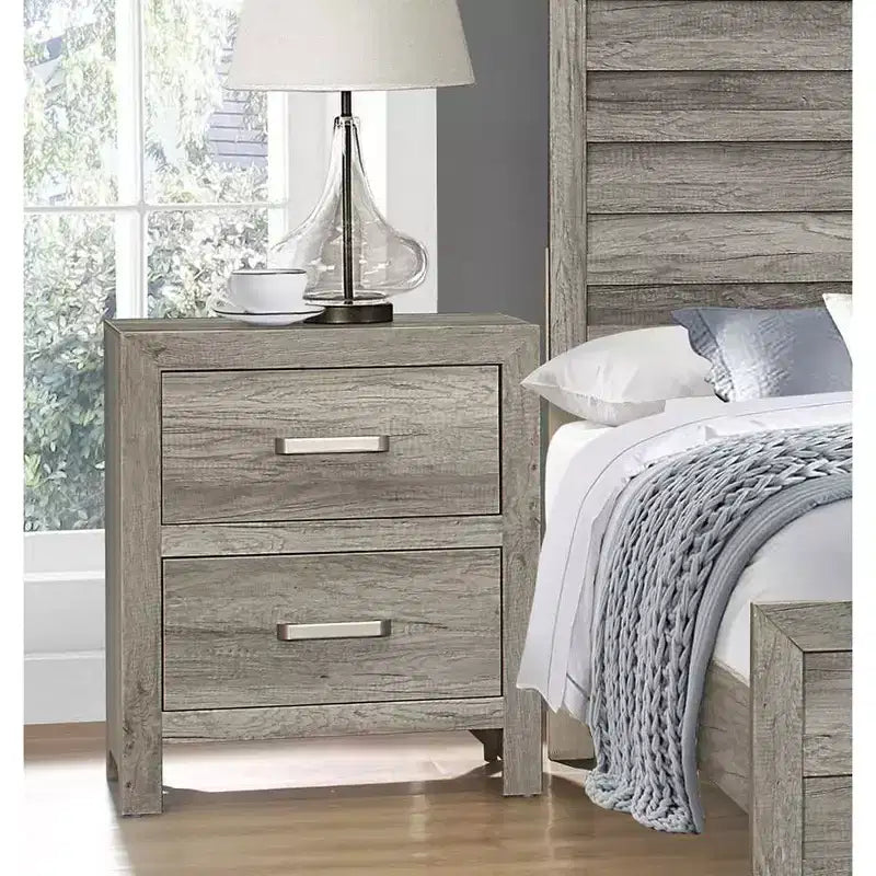 Table de Chevet Esthétique Transitionnelle pour Chambre à Coucher, Placage Bois Synthétique, Fini Gris Vieilli, Quincaillerie Nickel