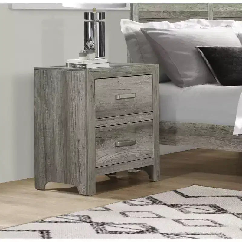 Table de Chevet Esthétique Transitionnelle pour Chambre à Coucher, Placage Bois Synthétique, Fini Gris Vieilli, Quincaillerie Nickel