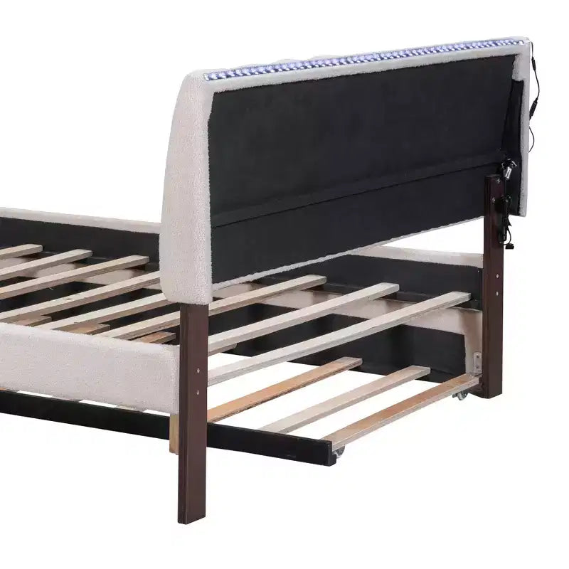 Lit plateforme capitonné pleine/grand lit avec lit gigogne, cadre de lit moderne en polaire bouclée avec lumière LED
