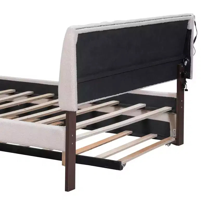 Lit plateforme capitonné pleine/grand lit avec lit gigogne, cadre de lit moderne en polaire bouclée avec lumière LED