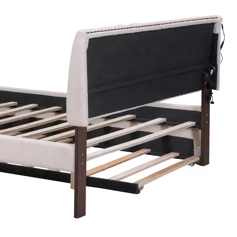 Lit plateforme capitonné pleine/grand lit avec lit gigogne, cadre de lit moderne en polaire bouclée avec lumière LED