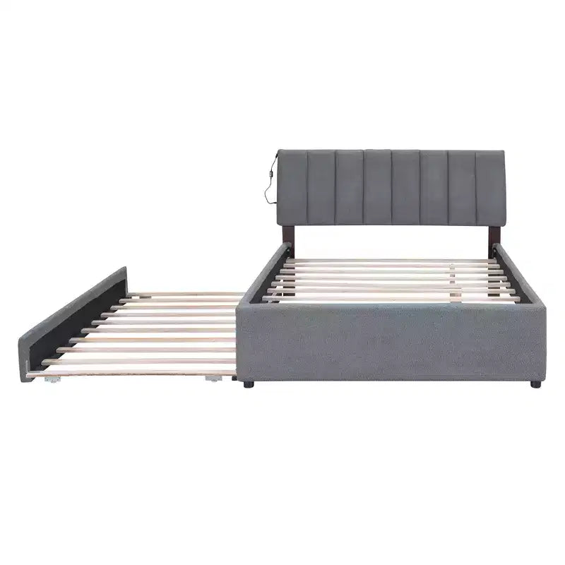 Lit plateforme capitonné pleine/grand lit avec lit gigogne, cadre de lit moderne en polaire bouclée avec lumière LED