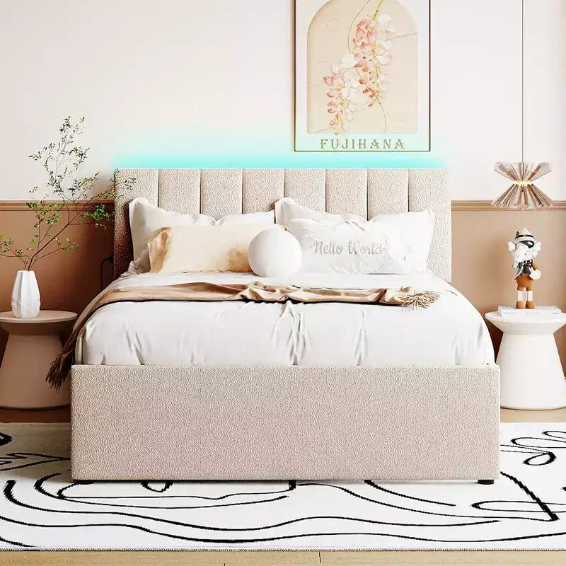 Lit plateforme capitonné pleine/grand lit avec lit gigogne, cadre de lit moderne en polaire bouclée avec lumière LED
