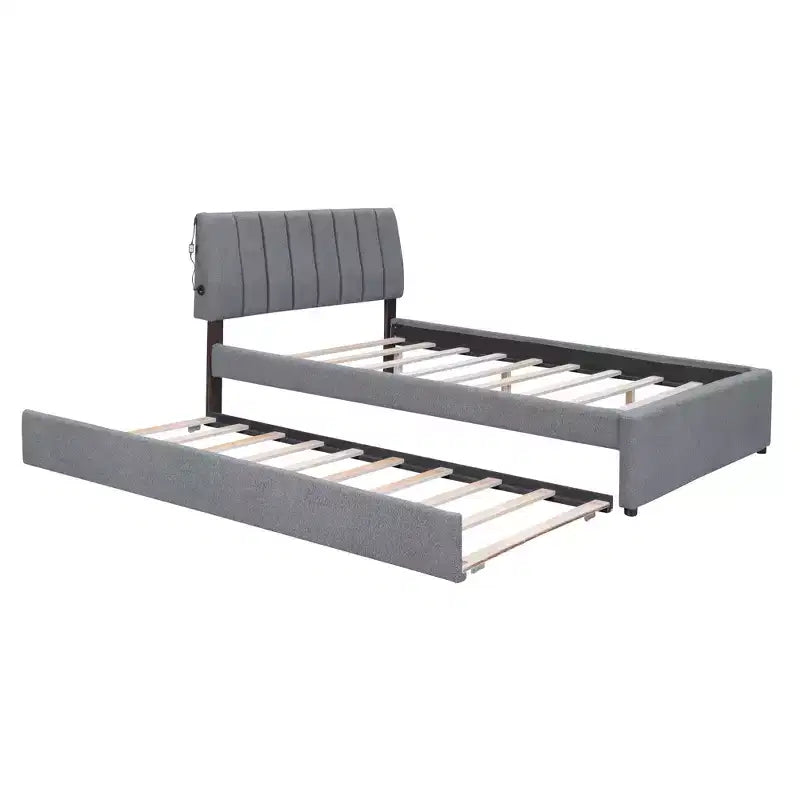 Lit plateforme capitonné pleine/grand lit avec lit gigogne, cadre de lit moderne en polaire bouclée avec lumière LED