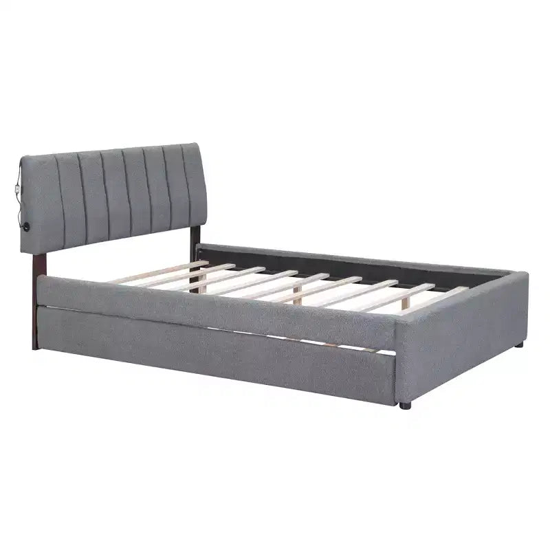 Lit plateforme capitonné pleine/grand lit avec lit gigogne, cadre de lit moderne en polaire bouclée avec lumière LED