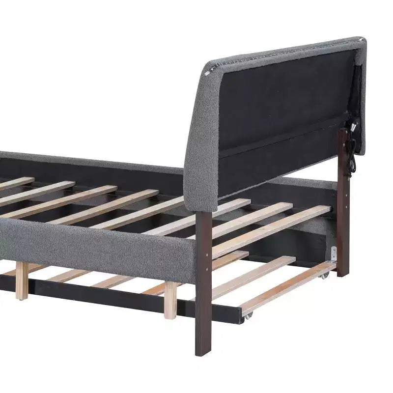 Lit plateforme capitonné pleine/grand lit avec lit gigogne, cadre de lit moderne en polaire bouclée avec lumière LED